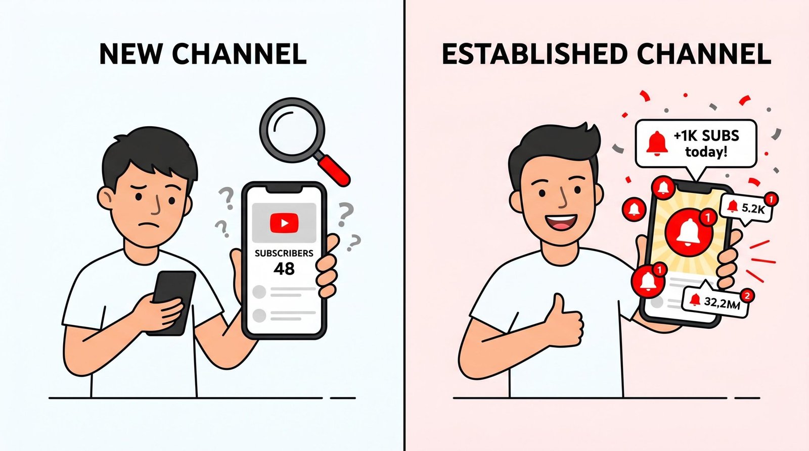 Comparison of YouTube posting time strategy for new channels focused on search discovery versus established channels relying on subscriber notification velocity