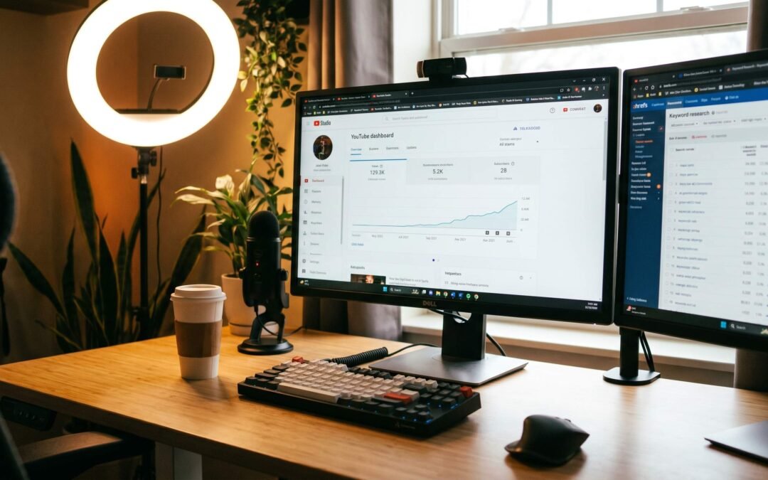 YouTube creator workspace with YouTube Studio analytics dashboard and keyword research tool open on dual monitors