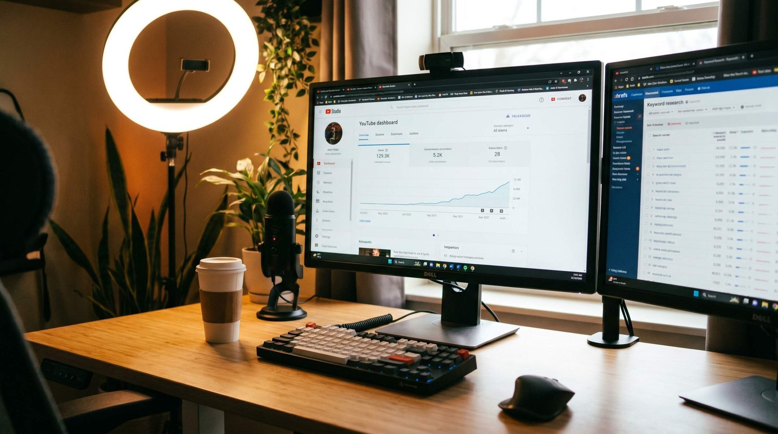 YouTube creator workspace with YouTube Studio analytics dashboard and keyword research tool open on dual monitors