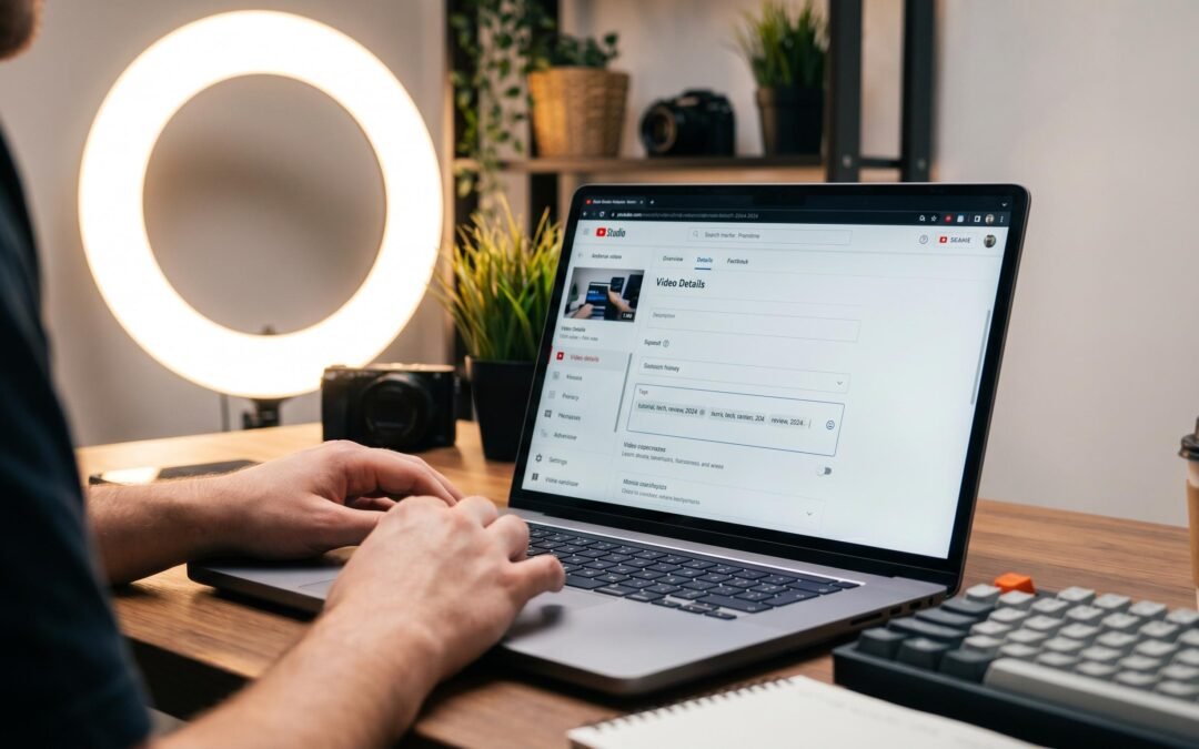 YouTube creator at desk with video metadata editor showing tags input field