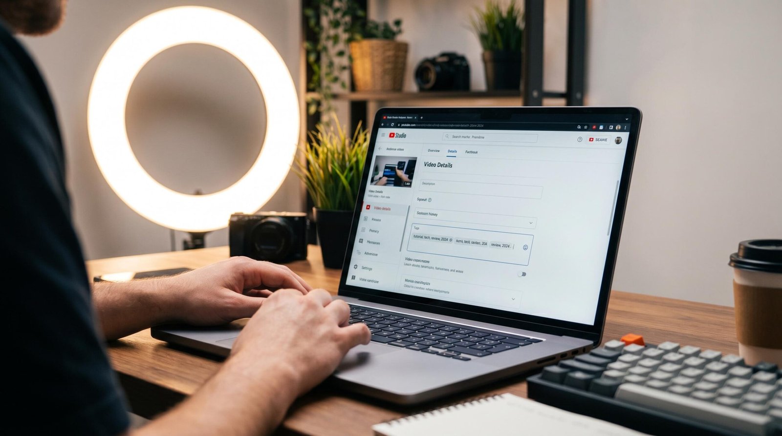 Do YouTube Tags Matter for SEO? YouTube content creator at a studio desk reviewing video analytics in YouTube Creator Studio on a laptop with ring light visible
