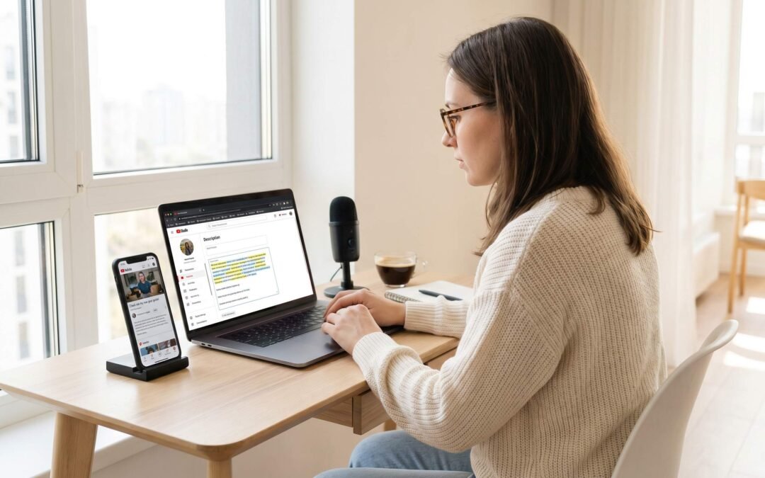 YouTube creator at desk writing a video description on laptop with smartphone showing mobile description rendering