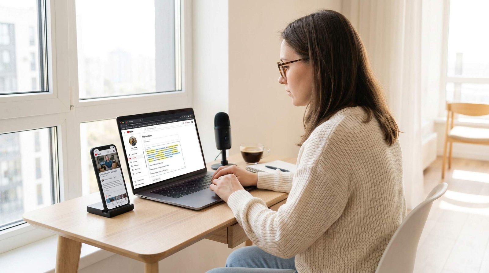 How to write a YouTube description guide 2026 YouTube creator at desk writing a video description on laptop with smartphone showing mobile description rendering