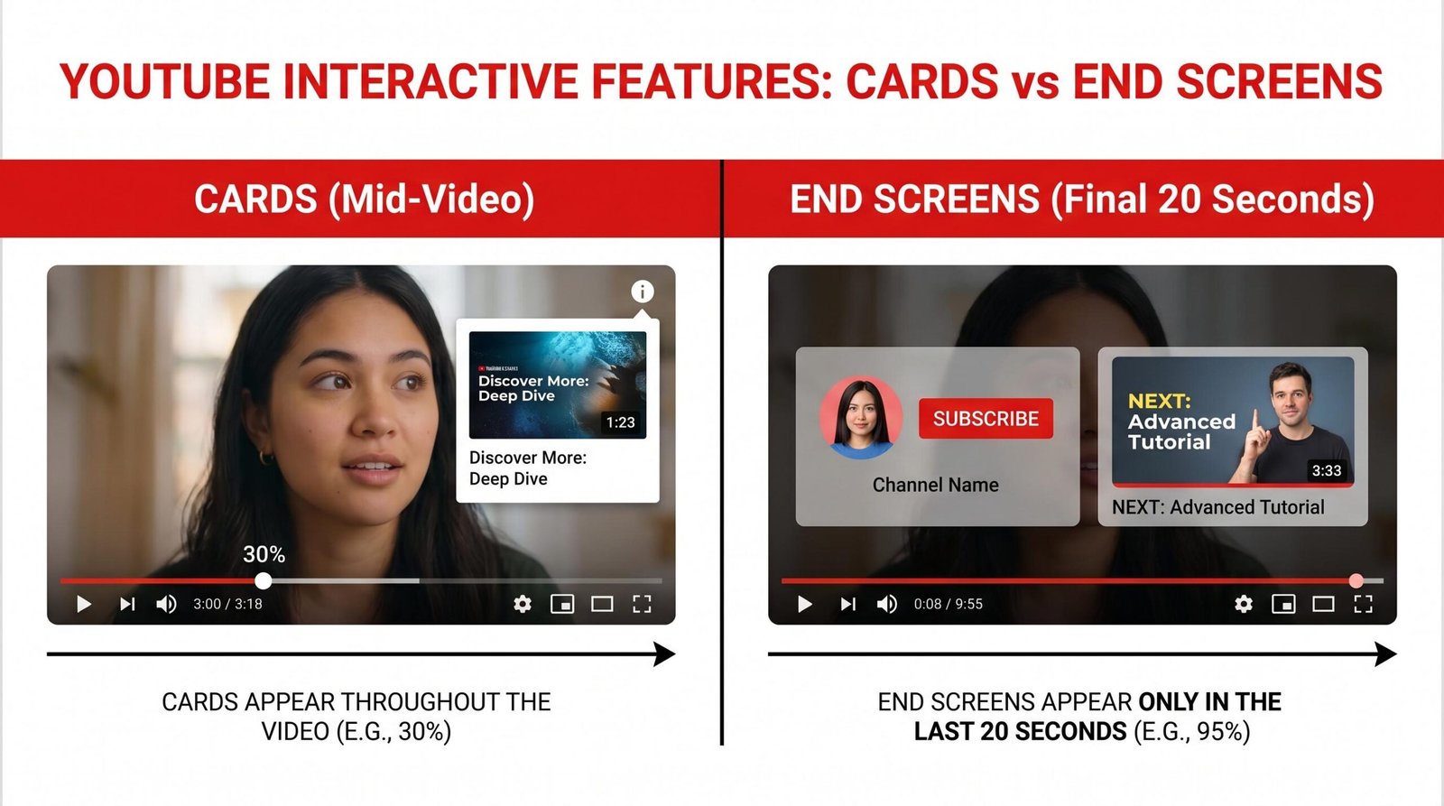 Comparison showing YouTube cards appearing mid-video at 30 percent versus end screens appearing in the final 20 seconds of a video