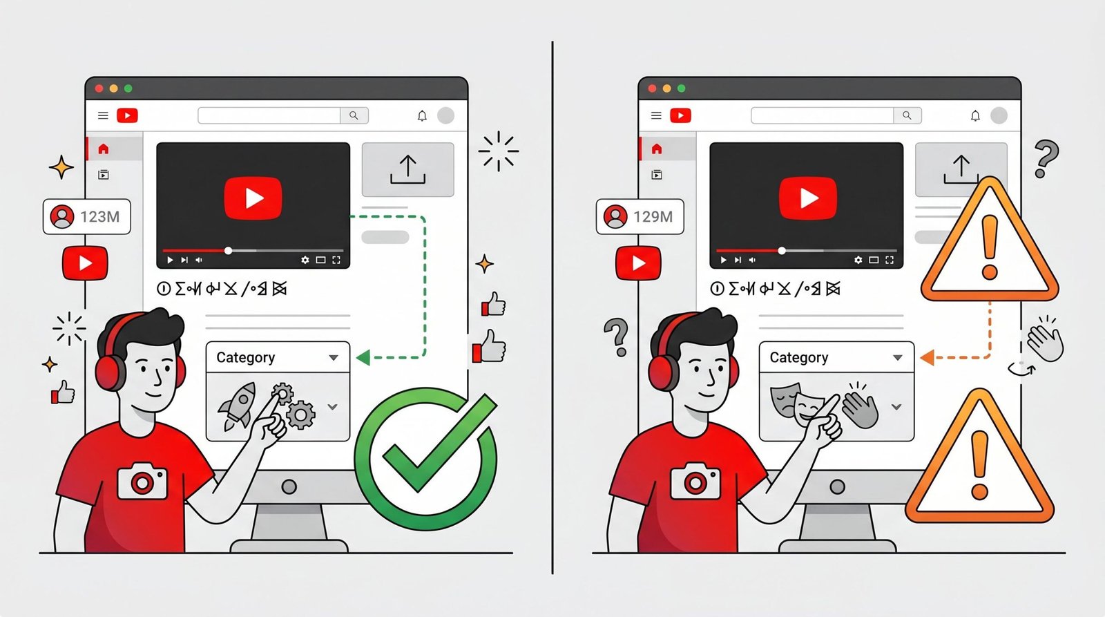 YouTube Category Selection Right vs Wrong 2026 YouTube category selection comparison - choosing the right specific category versus the generic Entertainment option