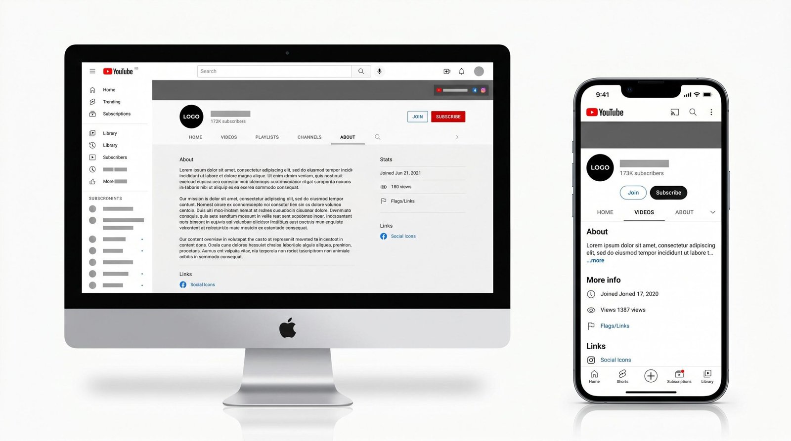 YouTube channel About tab shown side-by-side on desktop and mobile, with description truncated differently on each