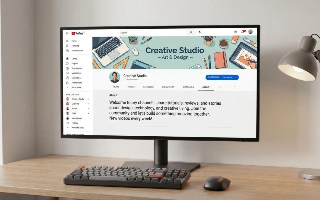 YouTube channel page displayed on a computer monitor showing the About section with channel description visible