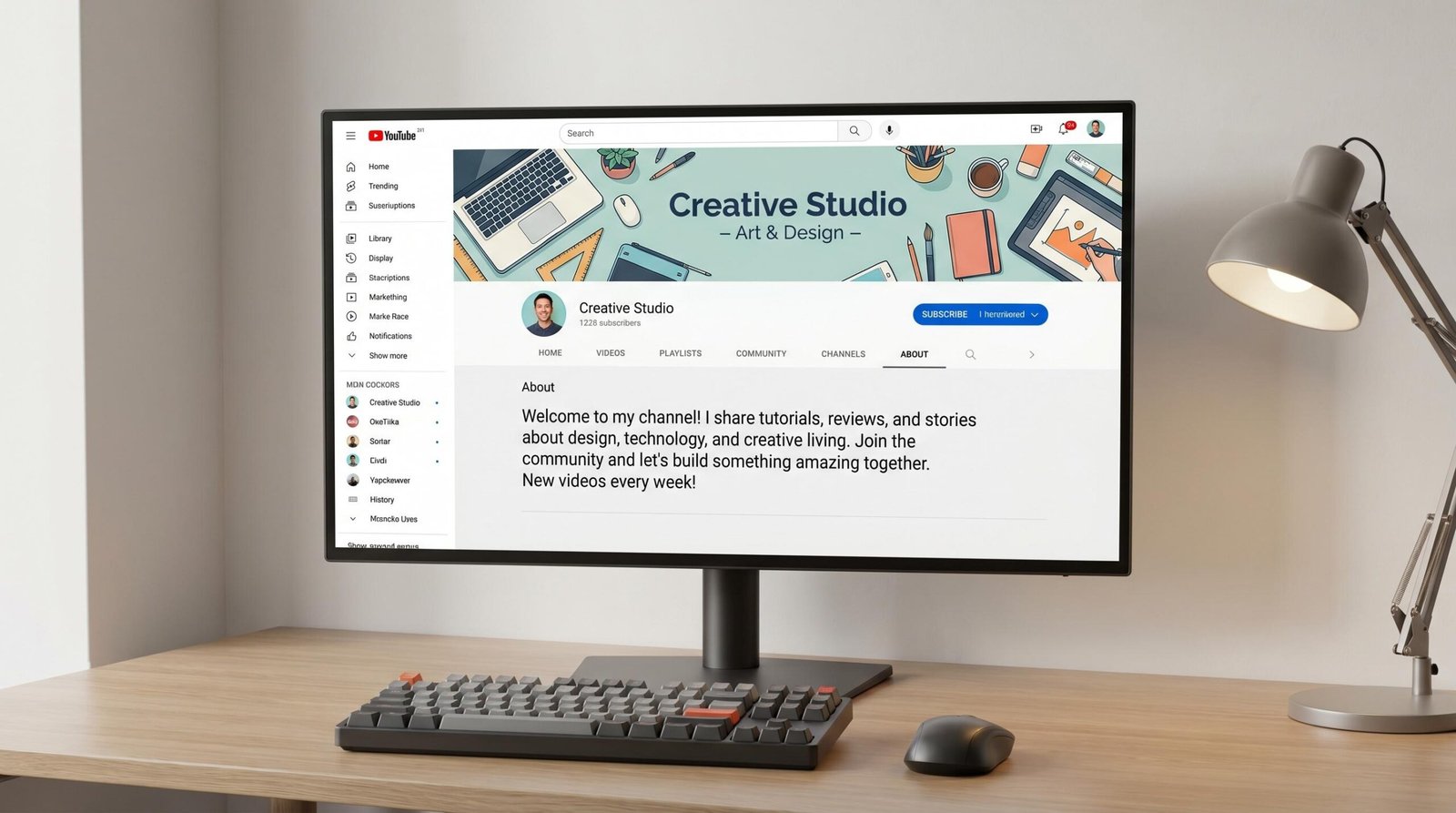 YouTube channel page displayed on a computer monitor showing the About section with channel description visible