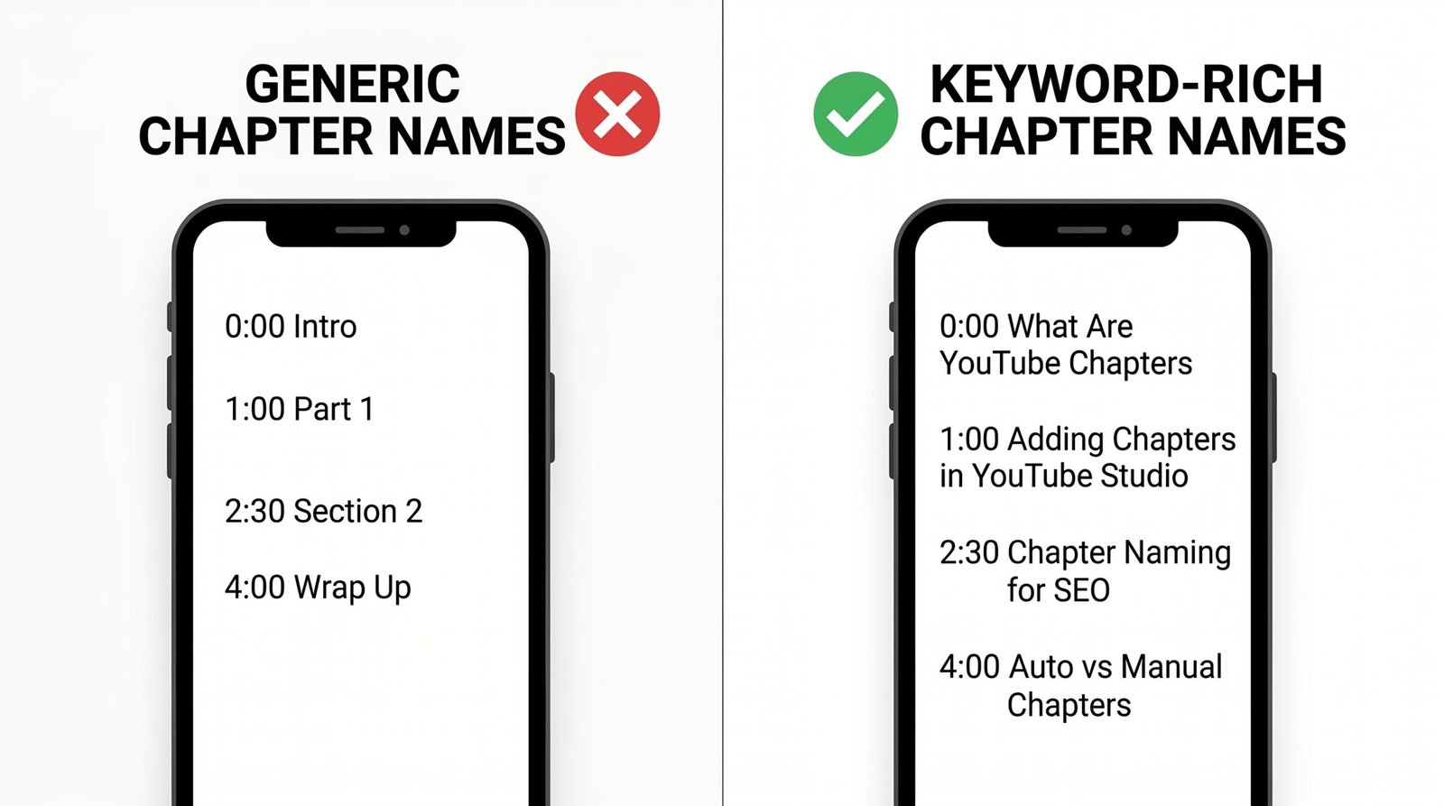 Comparison of generic chapter names versus keyword-rich chapter names for YouTube timestamps