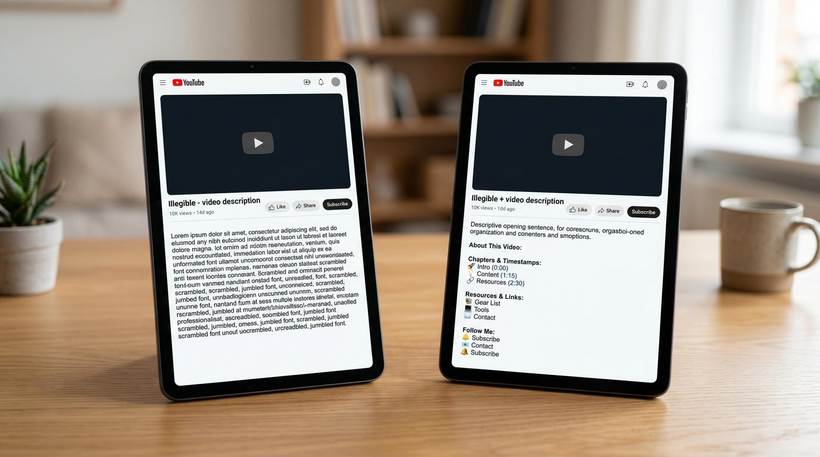 Side-by-side comparison of a basic YouTube description versus an optimized one with timestamps and structured sections