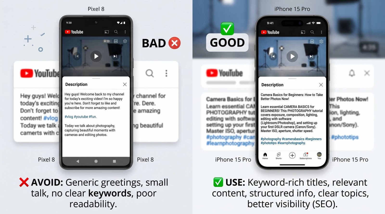 Good vs bad YouTube description comparison Good vs bad YouTube description comparison showing keyword optimization differences