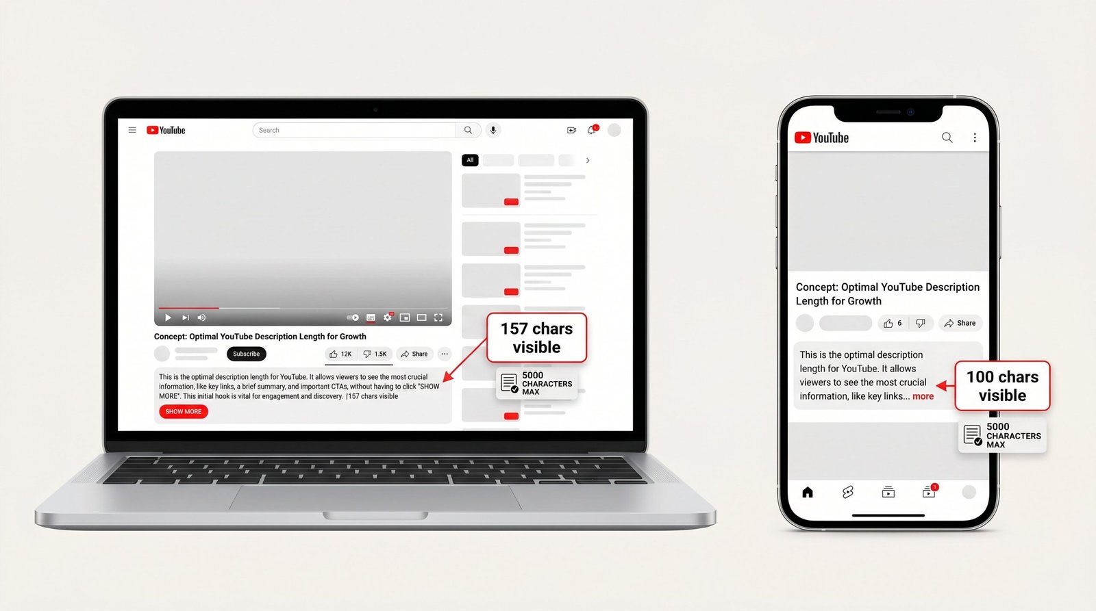 Split-screen showing YouTube video description above-the-fold on desktop showing 157 characters and on mobile showing 100 characters