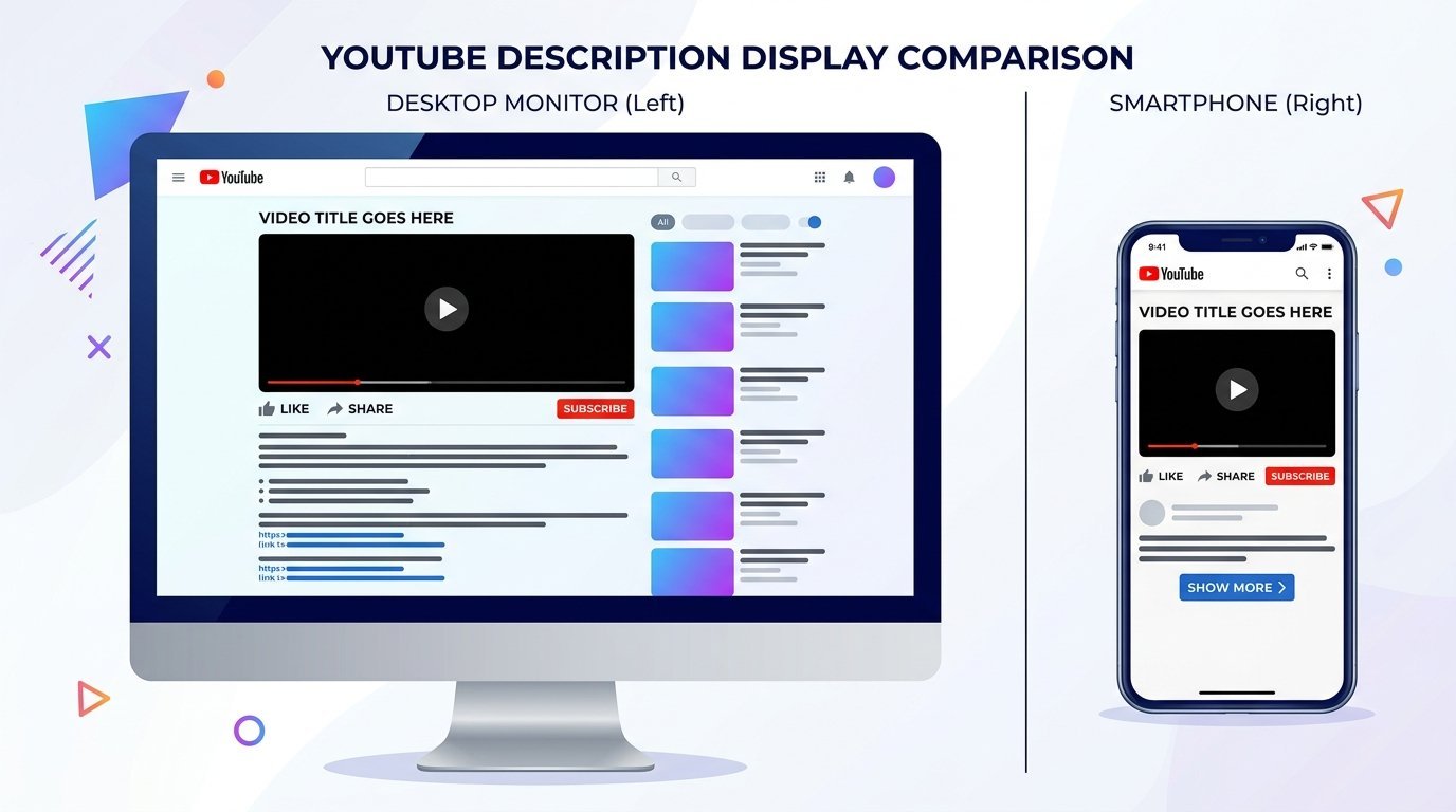 YouTube description mobile vs desktop rendering comparison Split-screen comparison showing YouTube video description on desktop (full text visible) versus mobile (text cut off with Show more button)