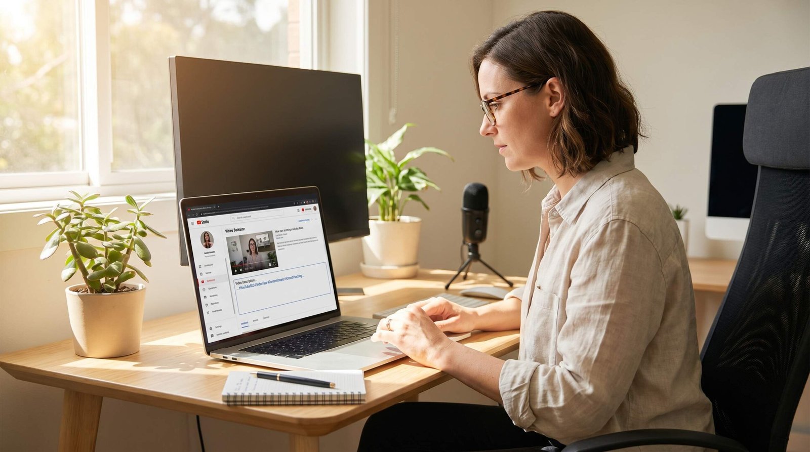 YouTube creator adding hashtags to a video description in YouTube Studio