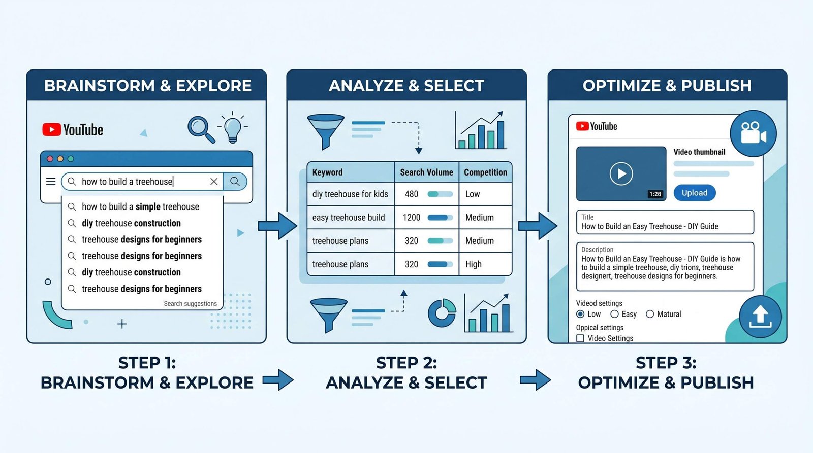 YouTube Keyword Generator 3-Step Research Workflow 2026 Three-step YouTube keyword research workflow: generate ideas, filter by volume and competition, apply to video metadata