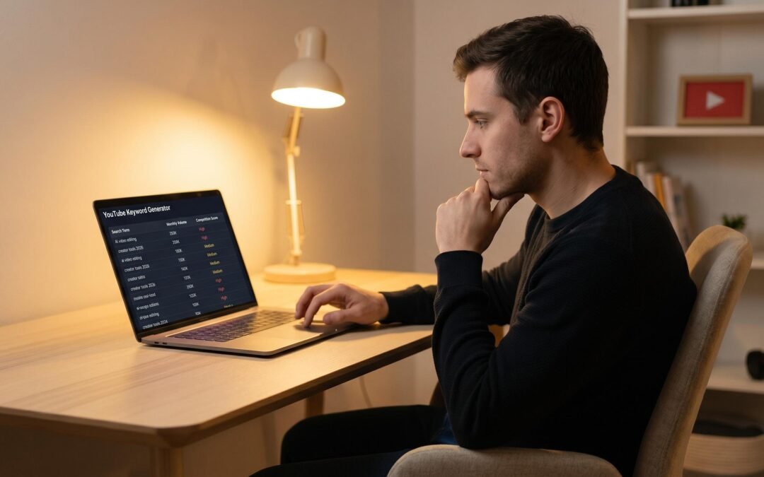 YouTube creator using a keyword generator tool on laptop showing search volume and competition data
