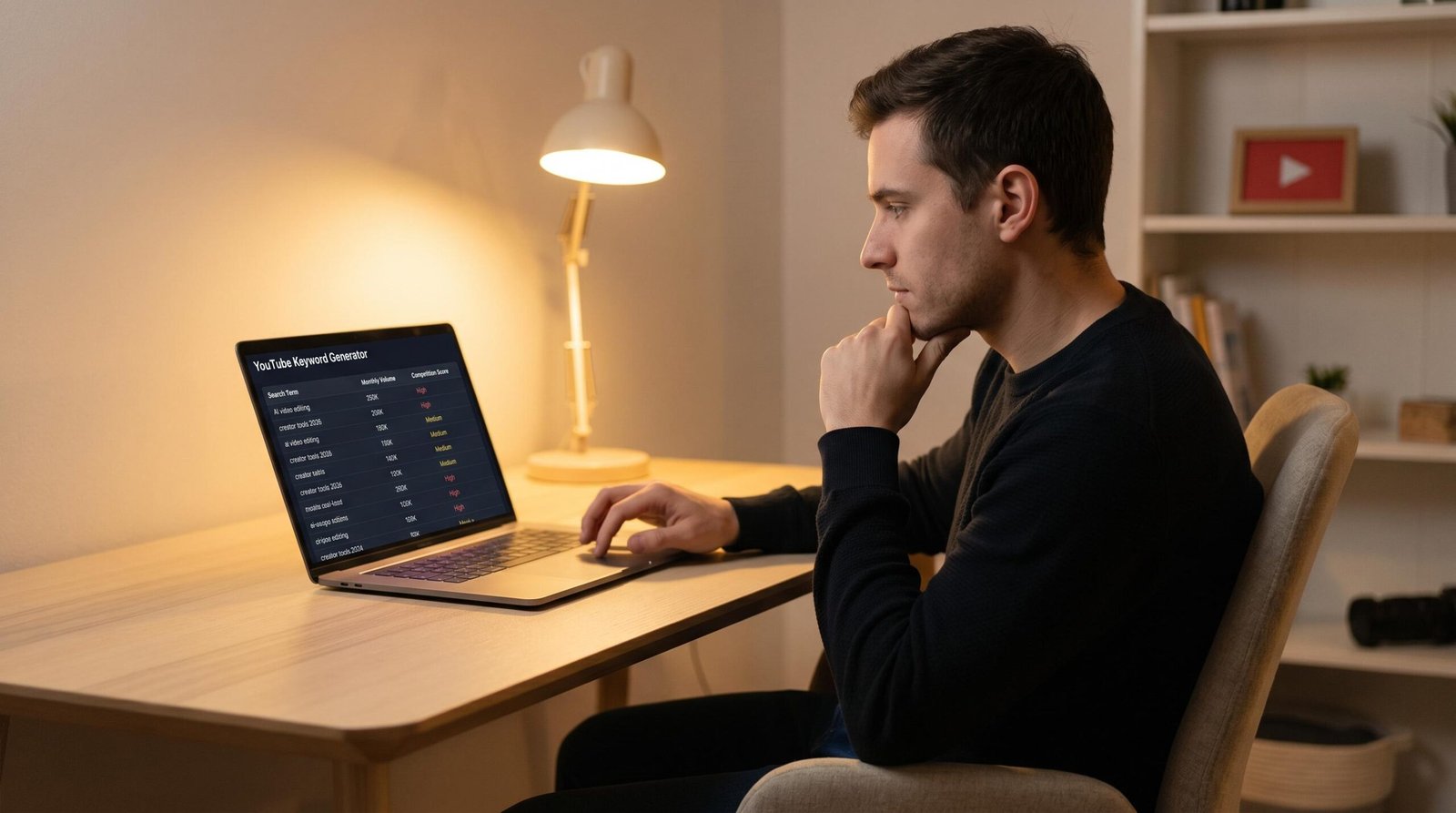 YouTube Keyword Generator Tools Guide Hero 2026 YouTube creator using a keyword generator tool on laptop showing search volume and competition data