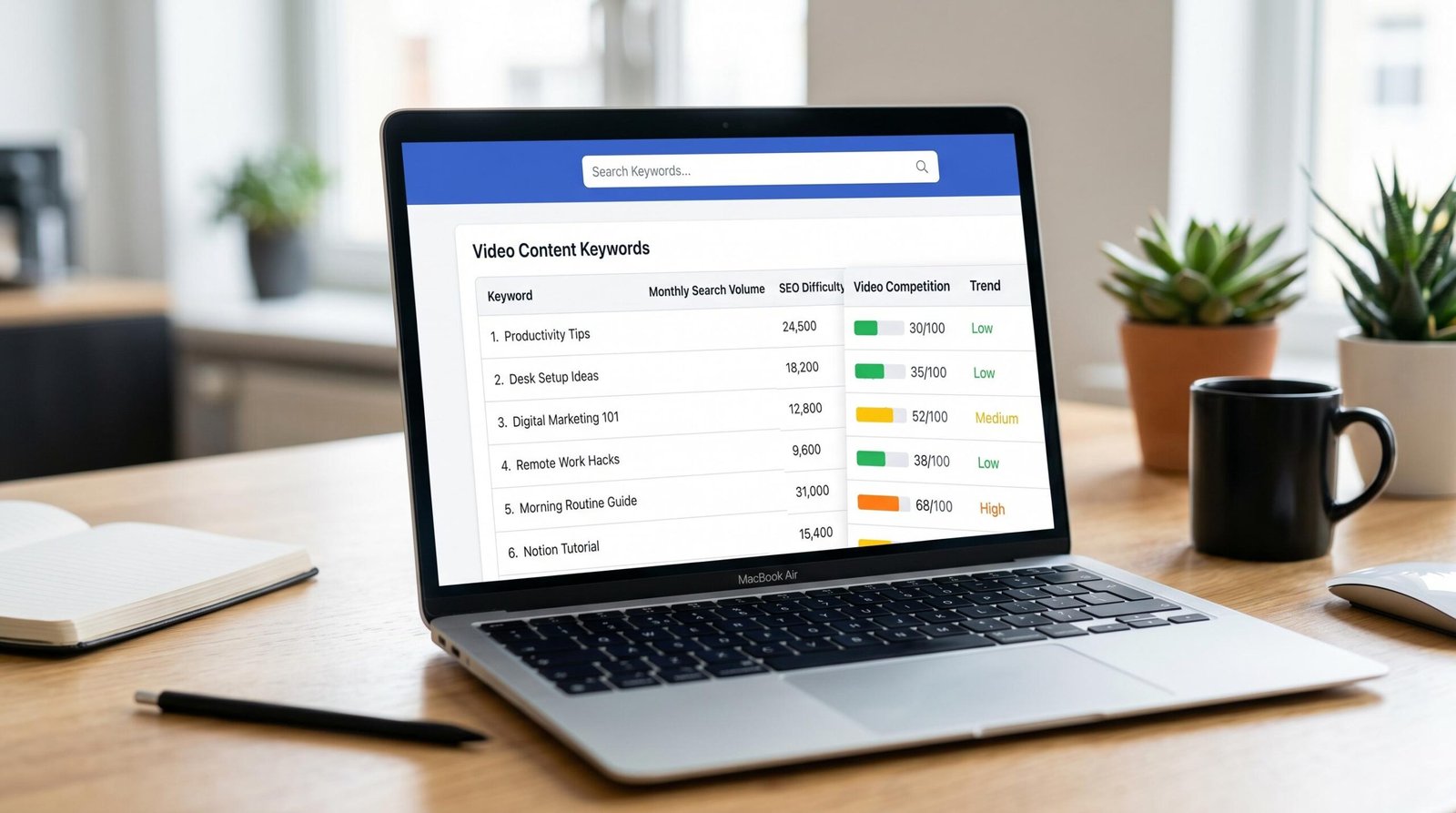 YouTube keyword research tool dashboard showing search volume data and difficulty scores for video topics