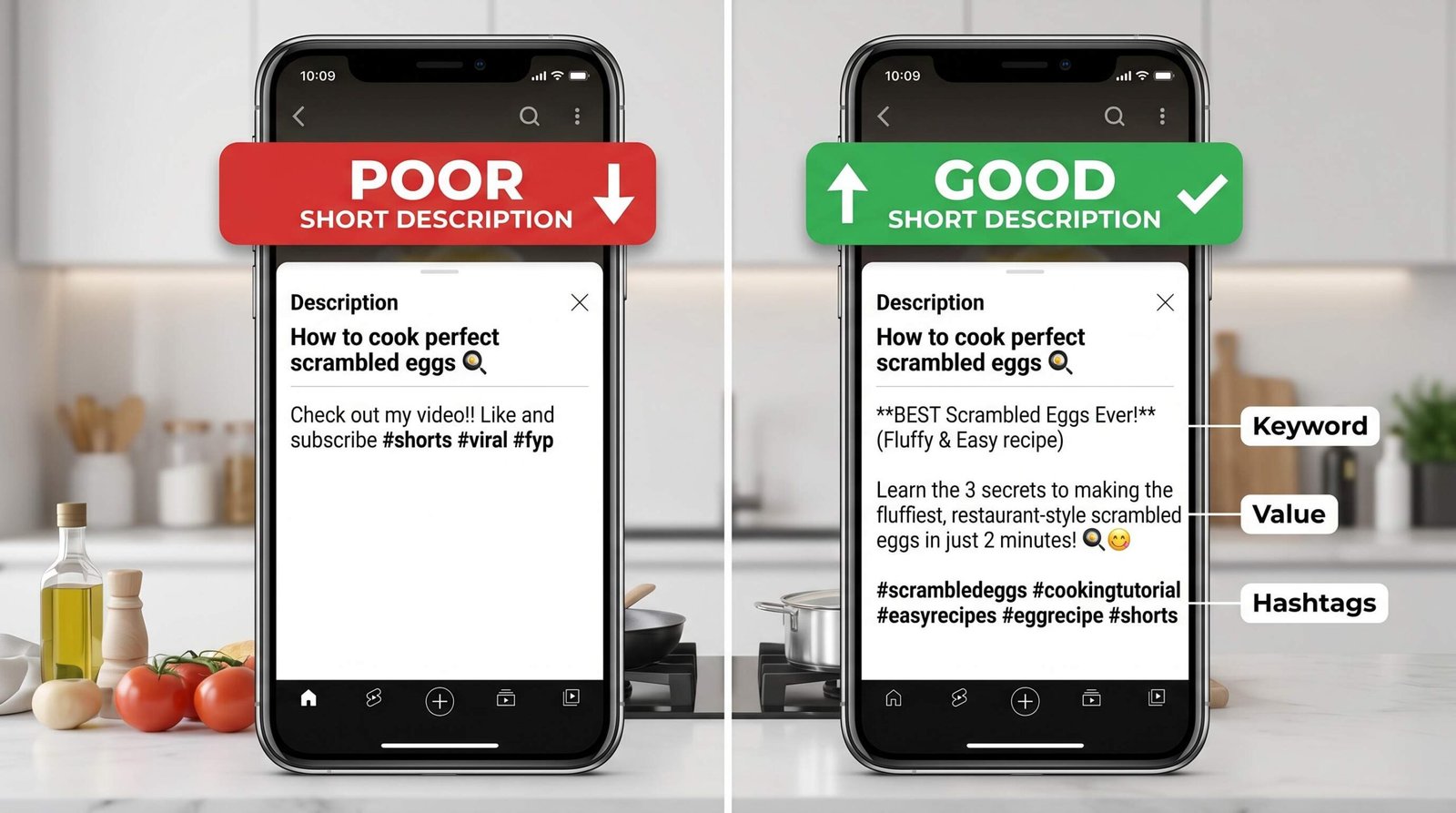 Side-by-side comparison of a poor YouTube Shorts description versus a well-optimized description with specific keywords and hashtags