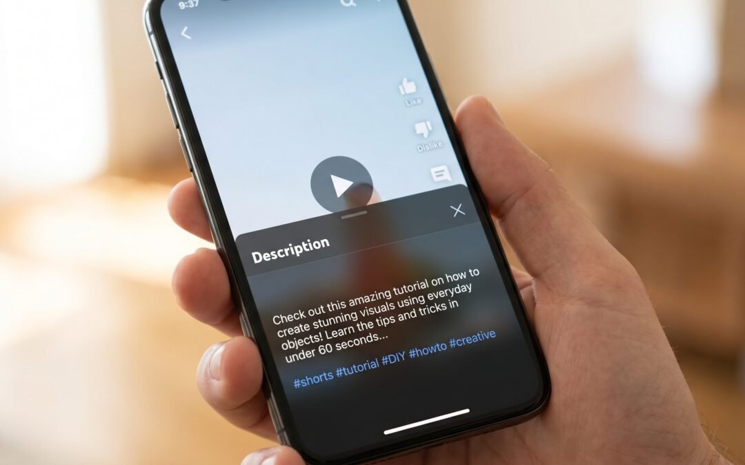Smartphone showing YouTube Shorts interface with description panel expanded showing first 160 characters and hashtags