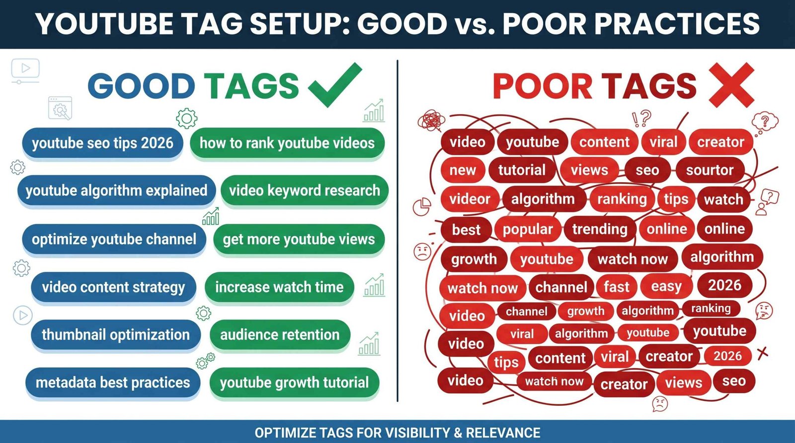 Comparison of good YouTube tags using specific phrases versus poor tags using single words and vague terms