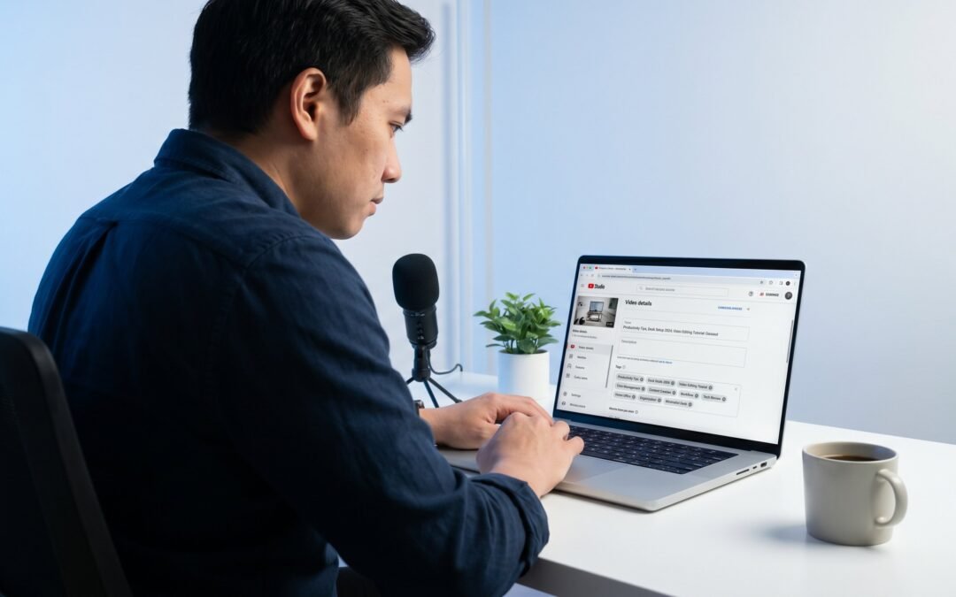 YouTube tag generator tool open in YouTube Studio showing organized keyword phrase tags for a video