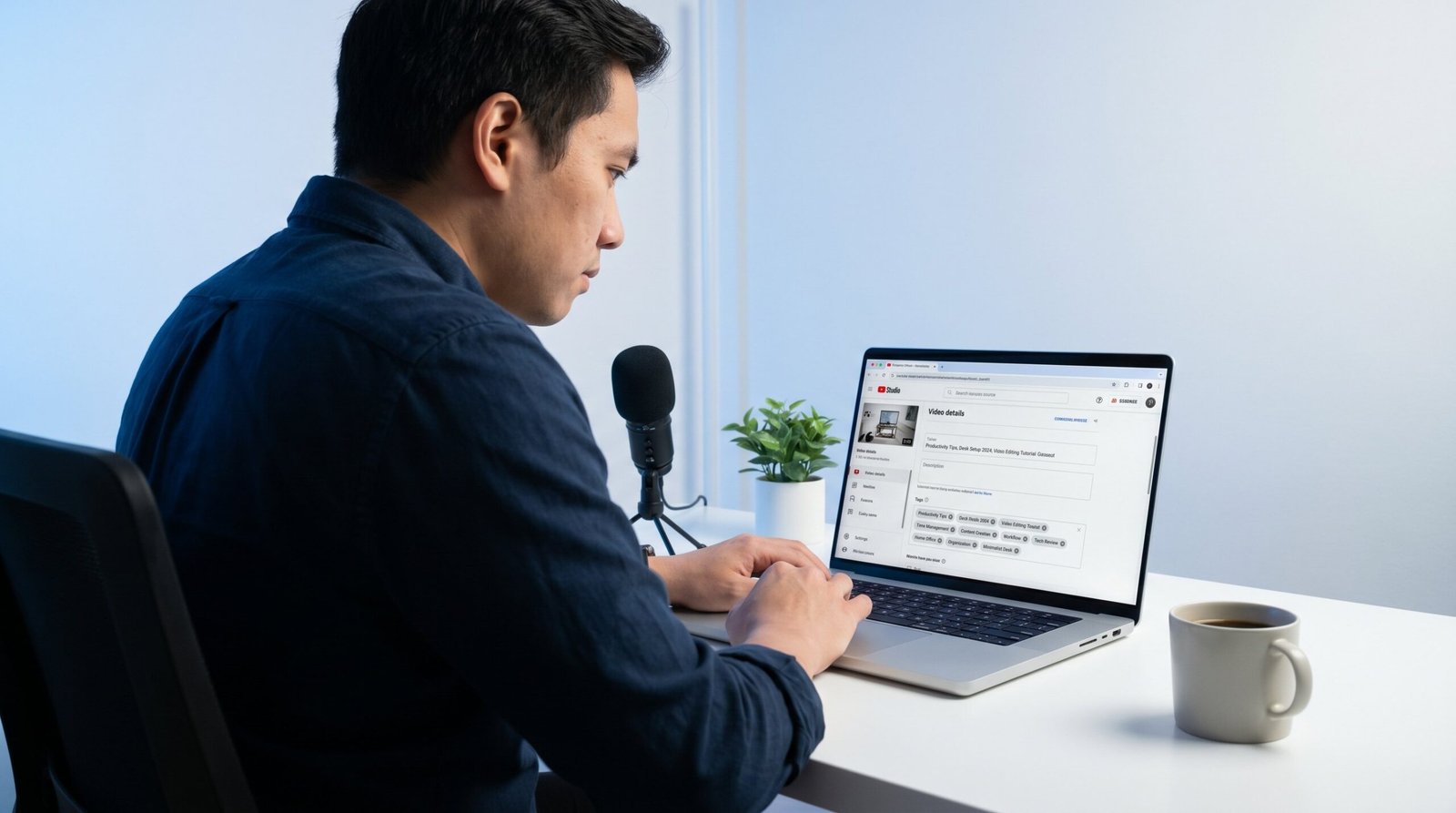 YouTube tag generator tool open in YouTube Studio showing organized keyword phrase tags for a video