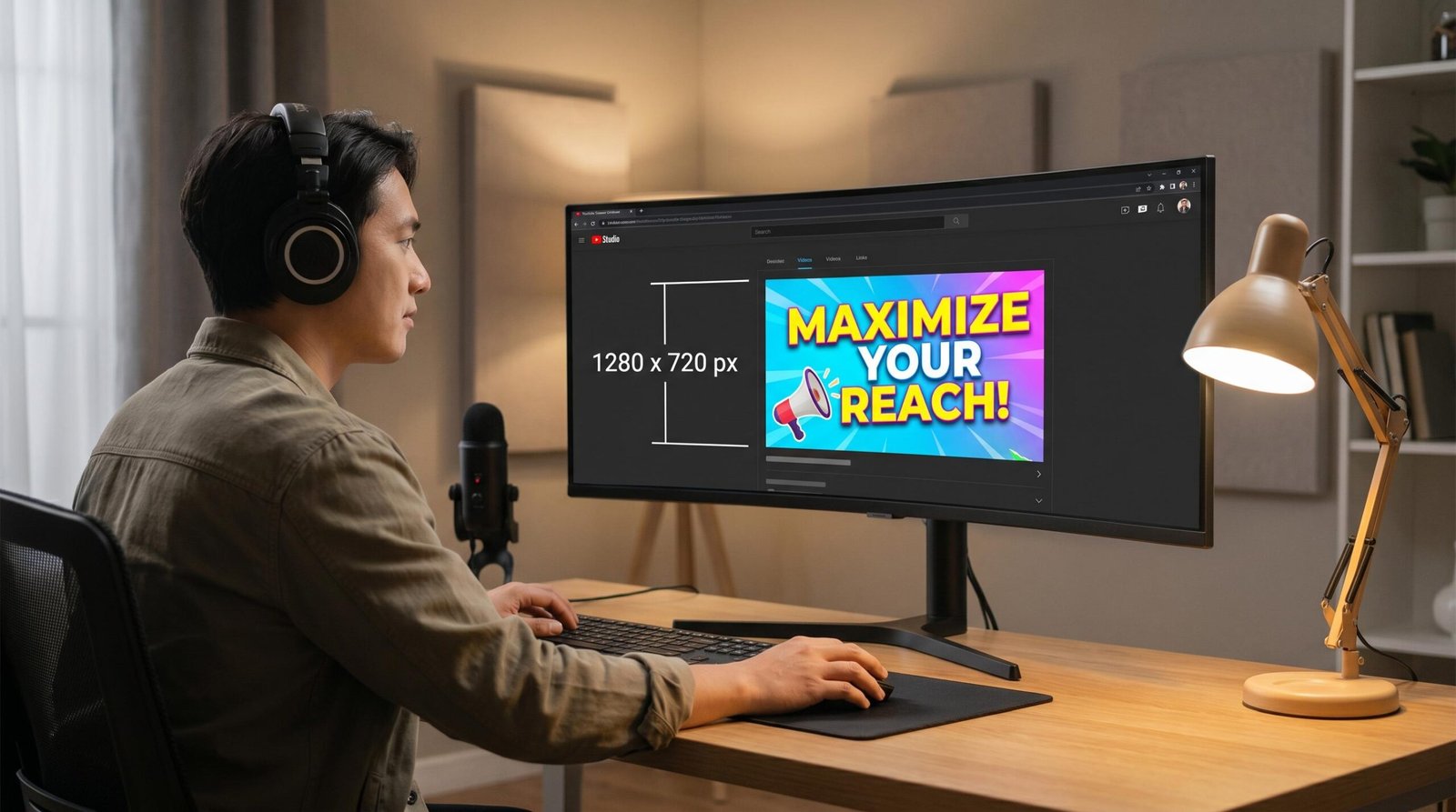 YouTube creator at desk viewing thumbnail in YouTube Studio with 1280x720 pixel dimensions labeled