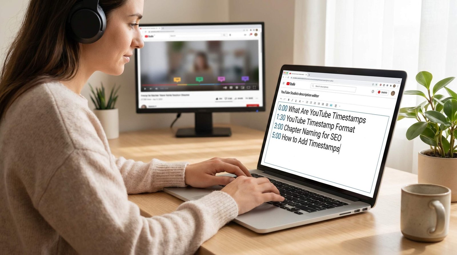 YouTube creator adding timestamp chapters in YouTube Studio description editor