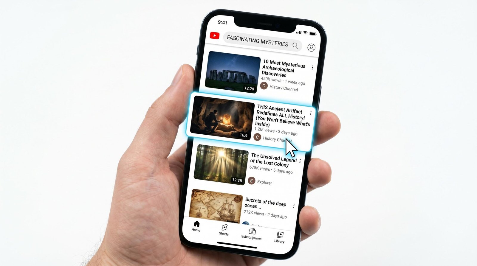 Smartphone showing YouTube search results with optimized video titles visible