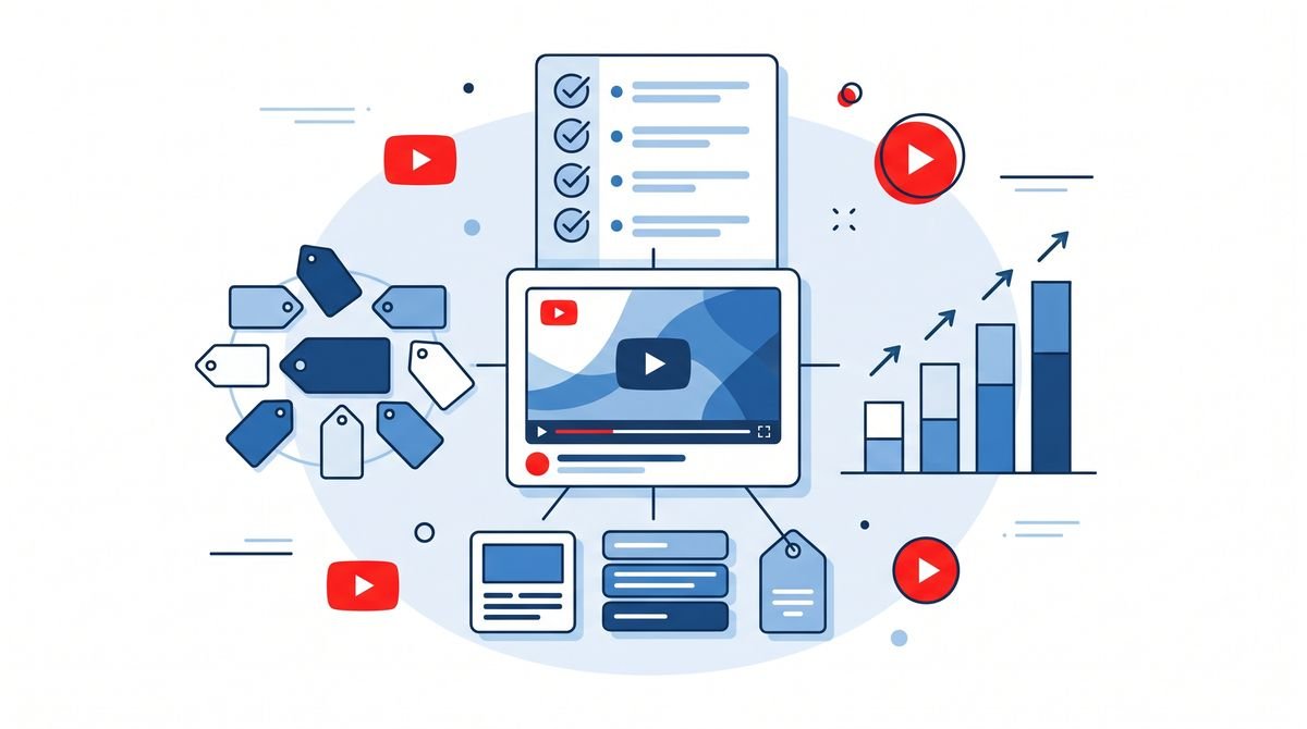 YouTube video optimization checklist with elements for title, description, tags and thumbnail