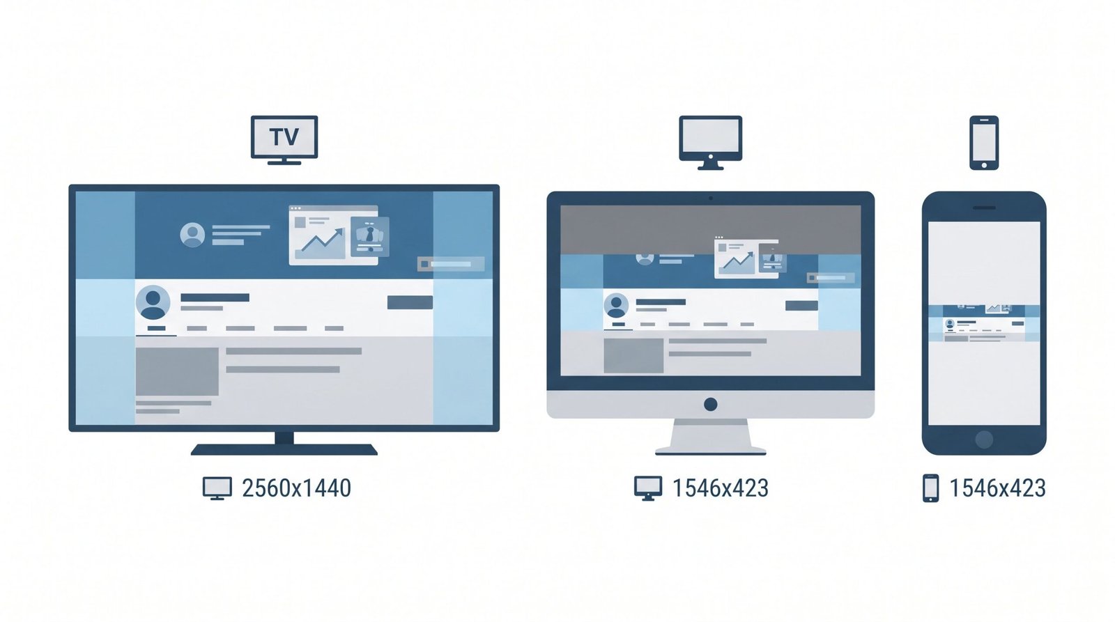 Three devices - TV, desktop and mobile - showing how the same YouTube banner crops differently on each screen