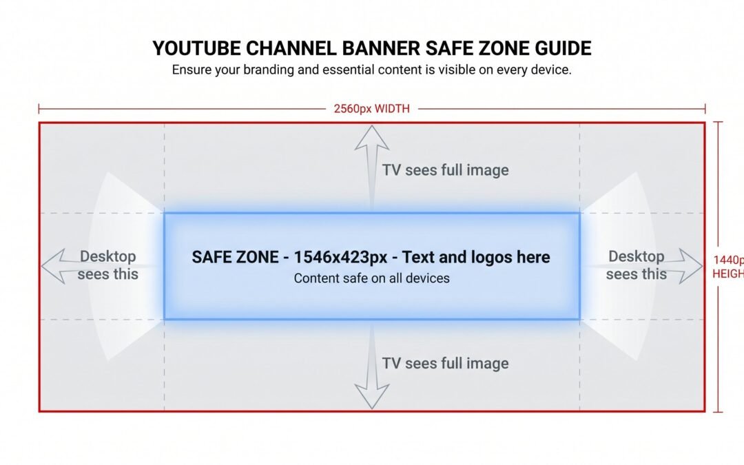 Diagram showing YouTube banner safe zone with dimensions labeled 2560x1440 and center safe zone 1546x423 pixels