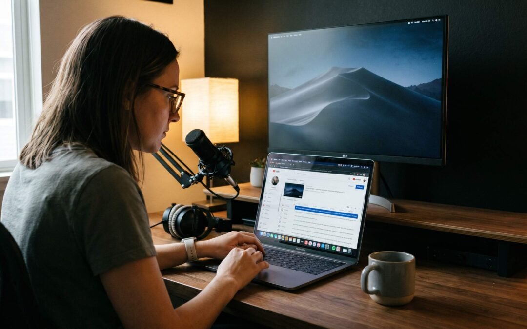 YouTube creator editing captions in YouTube Studio on a laptop