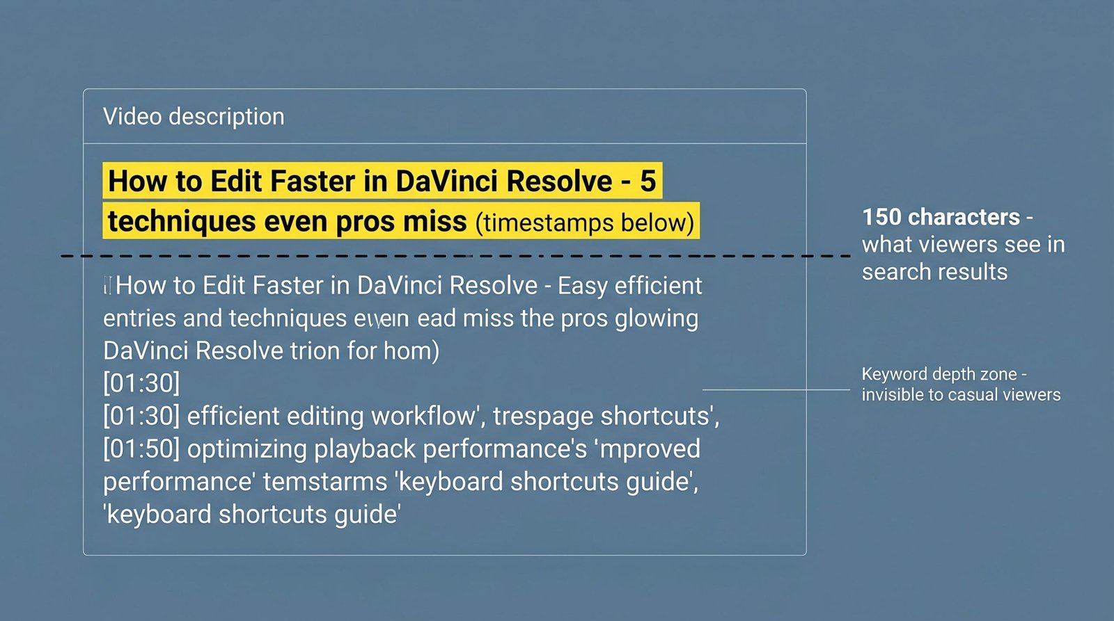 YouTube description editor showing the 150-character truncation point dividing what viewers see from the keyword depth zone