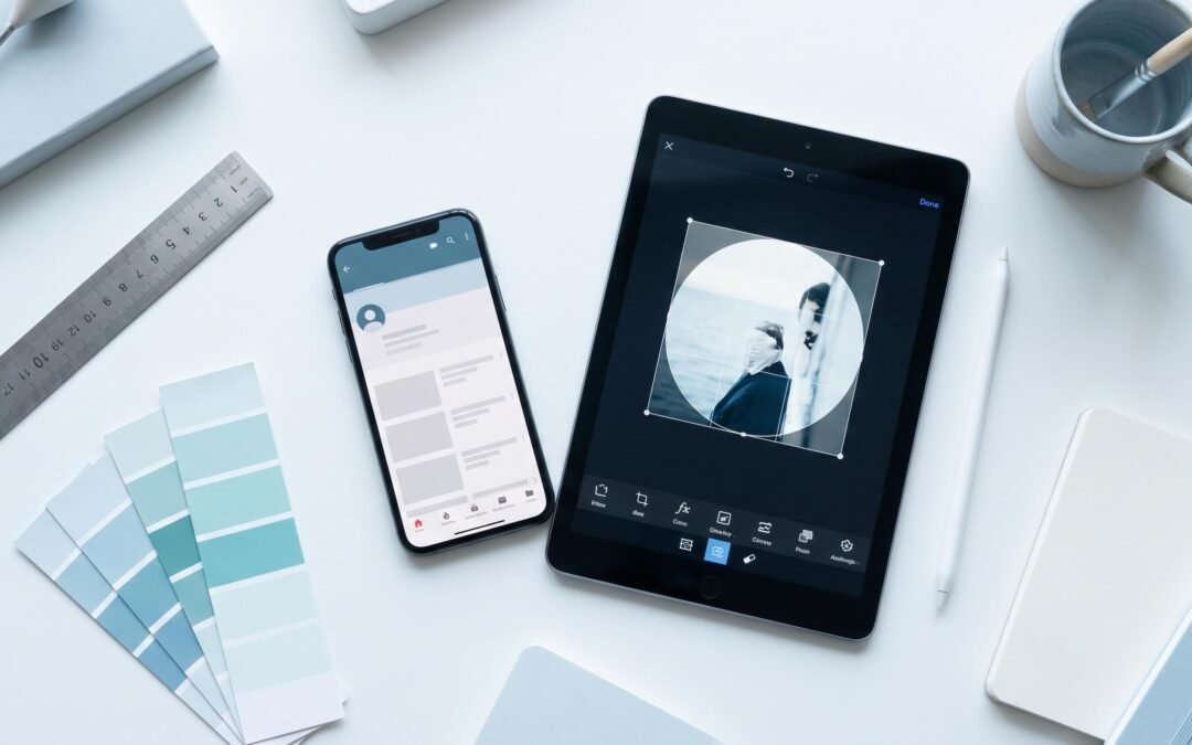YouTube profile picture size guide showing a workspace with design tools and a circular profile picture on screen