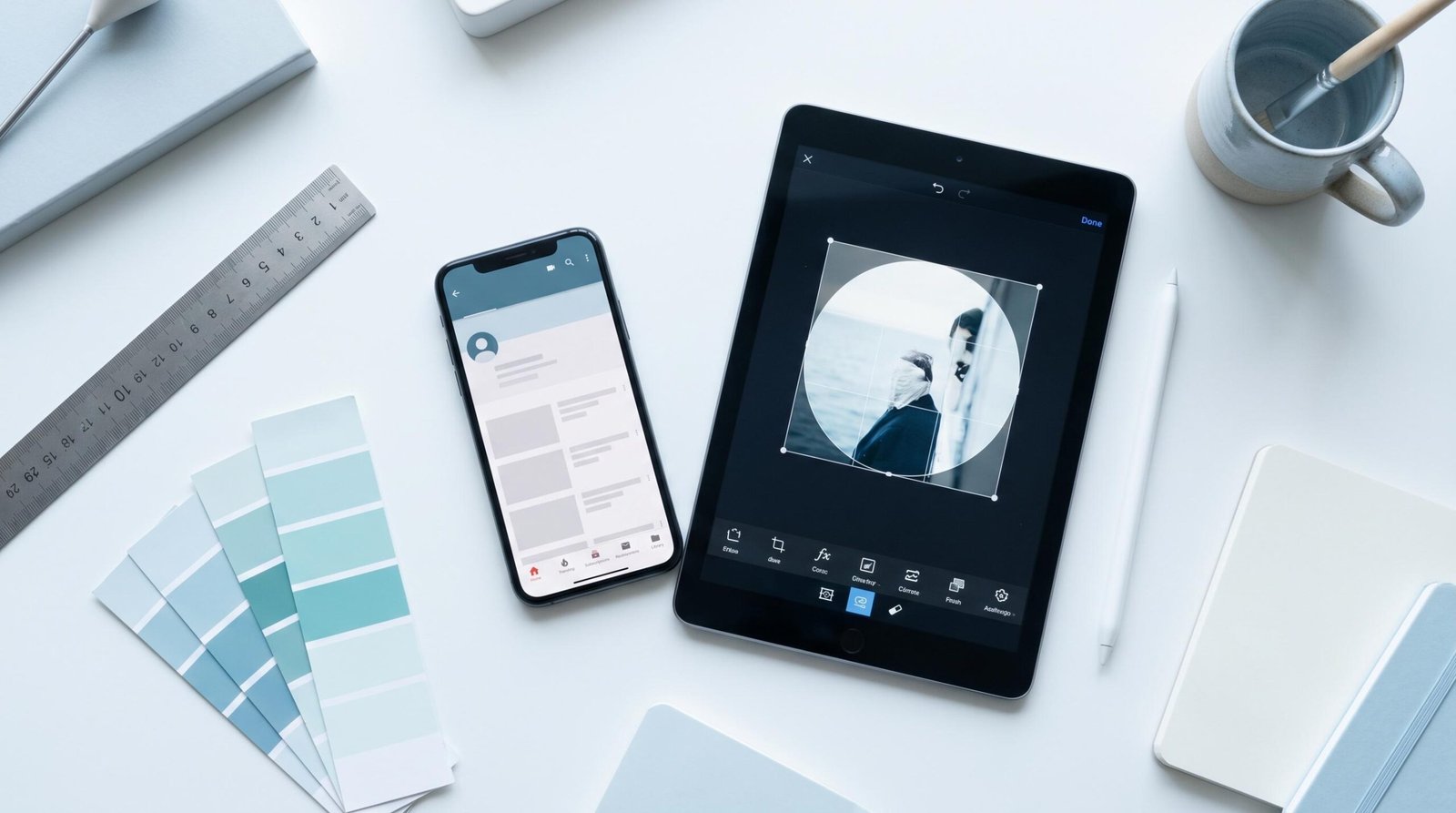 YouTube profile picture size guide showing a workspace with design tools and a circular profile picture on screen