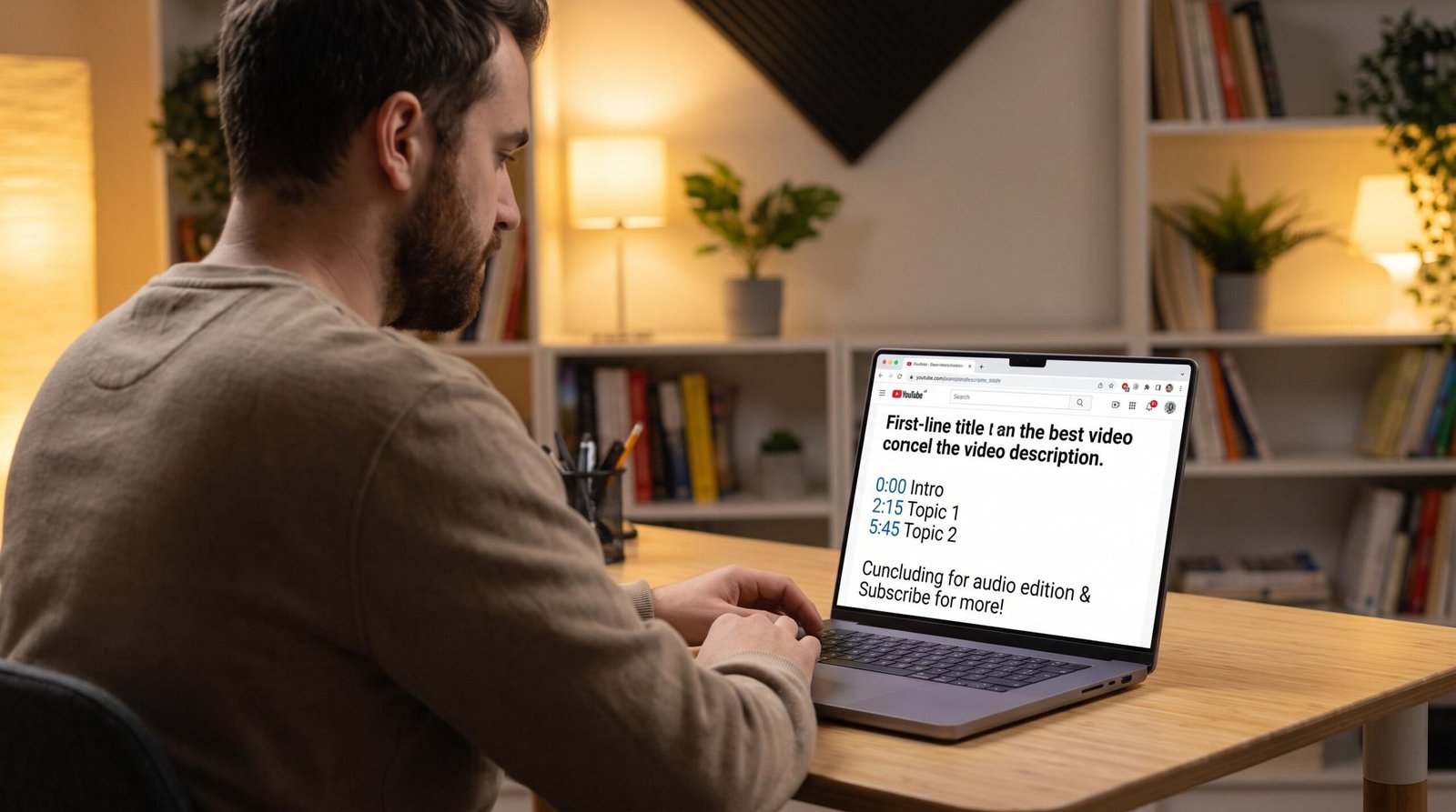 A YouTube content creator reviewing a well-structured video description on their laptop in a home studio