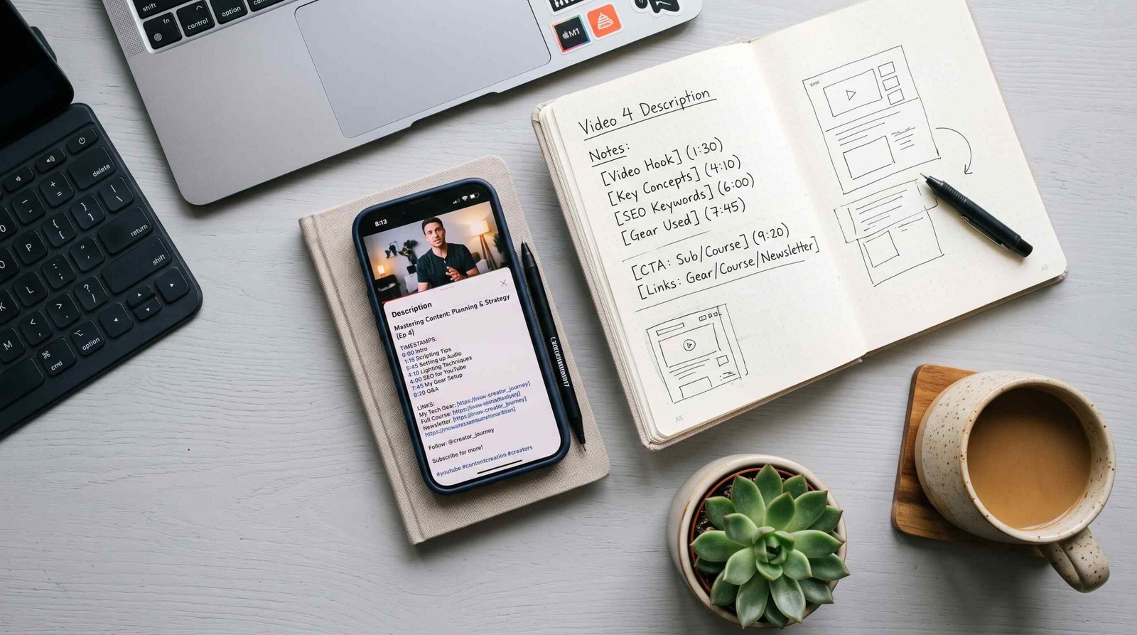 A flat lay workspace showing a smartphone with a YouTube description, notebook with description structure notes, and a coffee mug